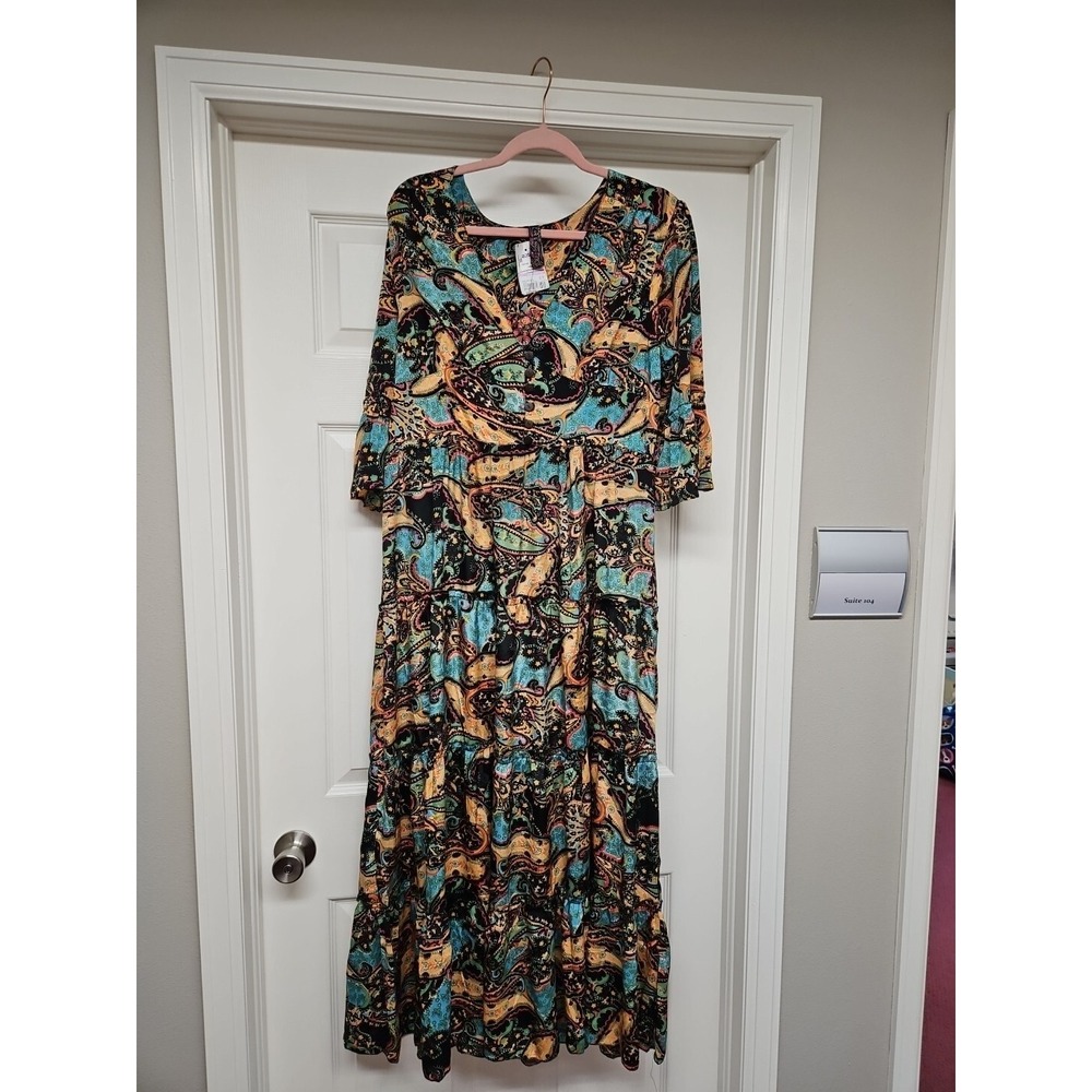 NWT ME 2 MAGIC Tiered Bohemian Maxi Dress Multicolor Grn Blue Blk Floral Paisley - Picture 3 of 6